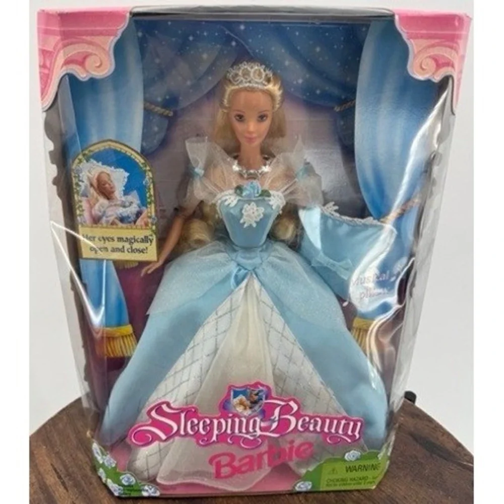 Vintage NEW Mattel 1997 Sleeping Beauty Barbie Doll Blue Gown Musical Pillow